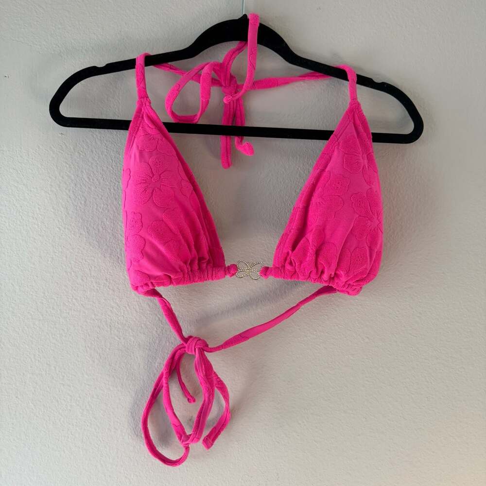 Fashion Nova Pink Floral Terry Cloth Triangle Bikini Top with Crystal Butterfly